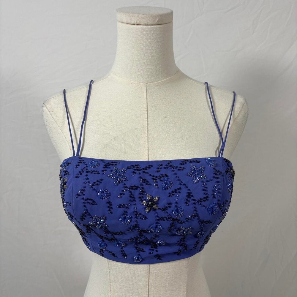 Precious Formals purple blue sequin floral crop top size 6 vintage whimsy